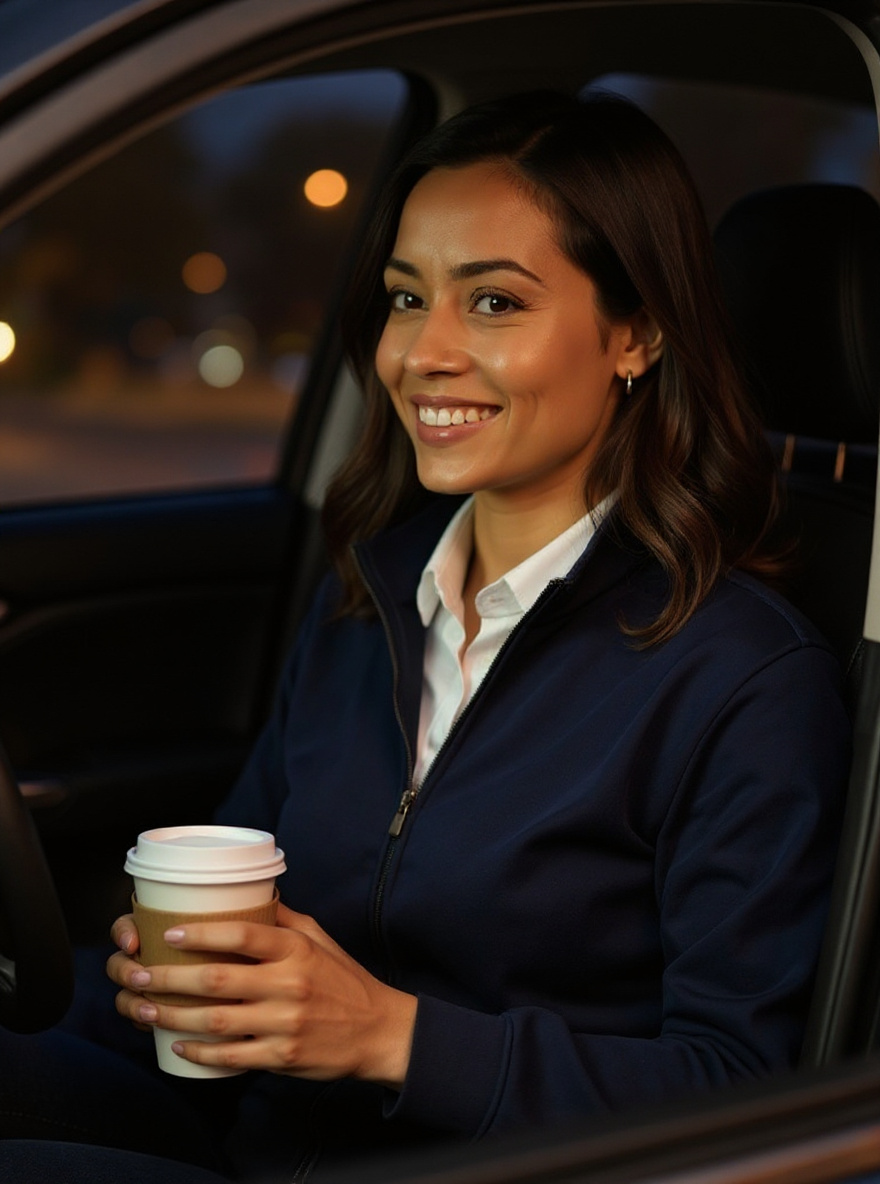 Elena Cruz with coffee before a shift, seated in a car