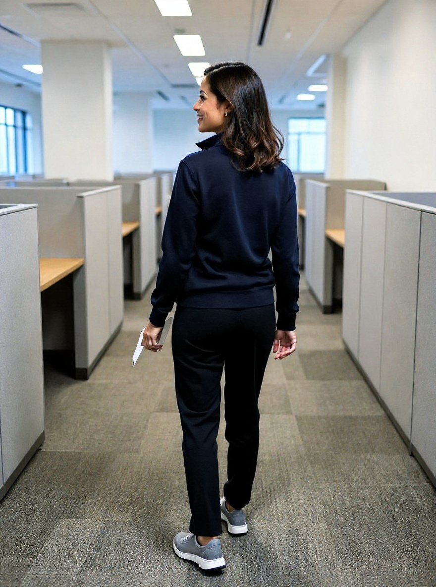 Elena Cruz walking through an office after hours
