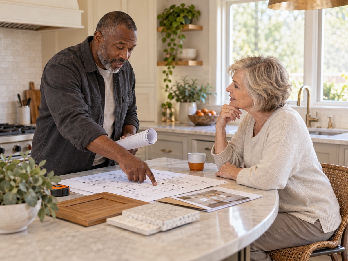 A contractor and a homeowner going through an estimate together at the kitchen island