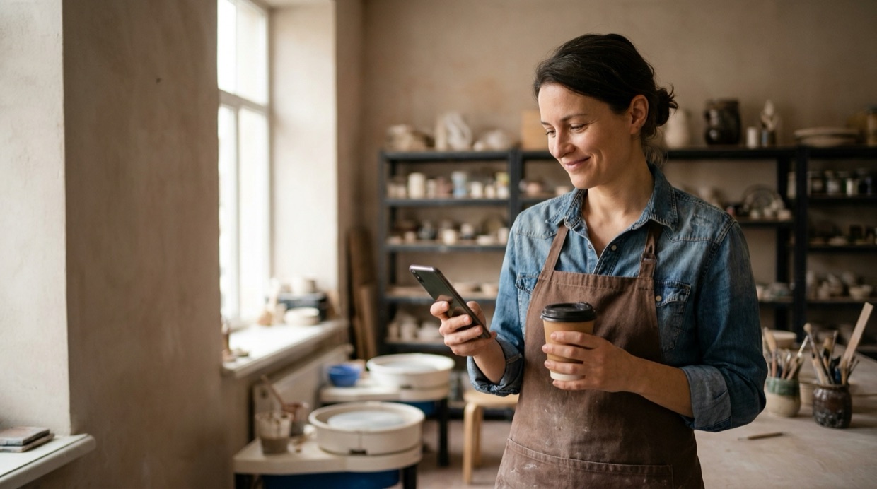 A small business owner relaxed in her own shop, glancing at her phone while the month's videos are already handled